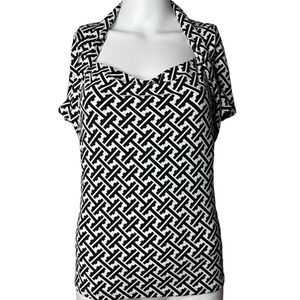 Antonio Melani Patterned Short Sleeve Blouse White & Black Size Medium